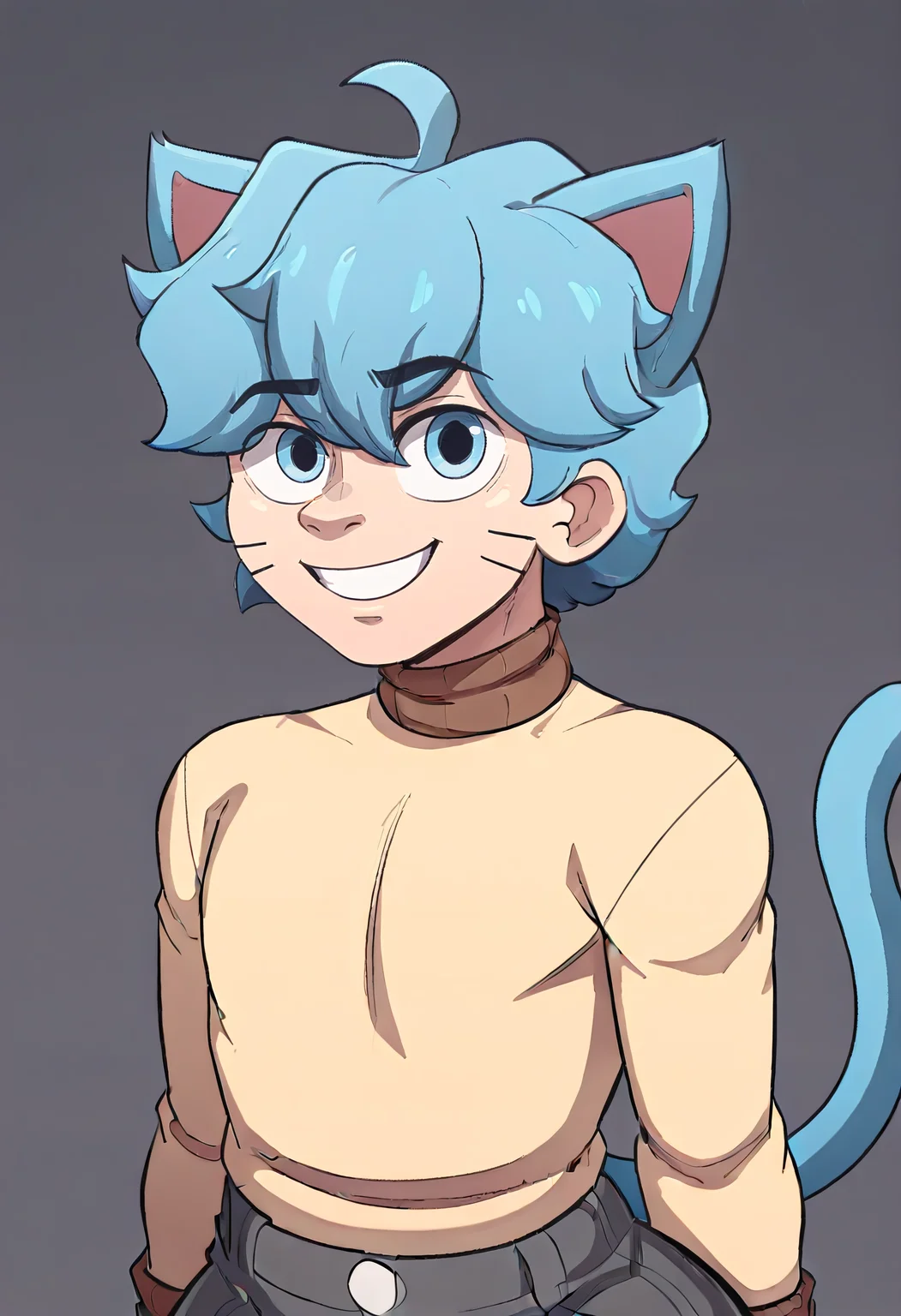 Gumball Watterson, 1boy, male focus, looking at viewer, blue tail, solo, tail, brown collar turtleneck sweater with brown cuffs, dark grey pants, whisker markings, cat boy, socks, blue eyes, blue hair, cat ears, cat tail, thick thighs, ahoge, ((upper body, portrait)), simple background <lora:Gumball-Illustrious-XL:1>