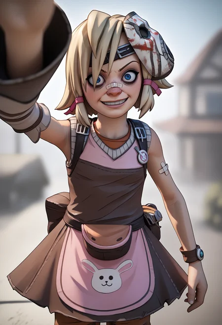 score_9, score_8_up, score_7_up, BREAK
realistic,render,blender \(medium\),
kabedonpov, facegrabpov,
1girl, tinytina, blonde hair, short hair, blue eyes, mask on head, bandaid on nose,
apron, boots, detached sleeves, pants,
grin, crazy,
upper body, looking at viewer, solo, outdoors <lora:TinyTinaXL:1> <lora:GrabbingViewerXL:1>