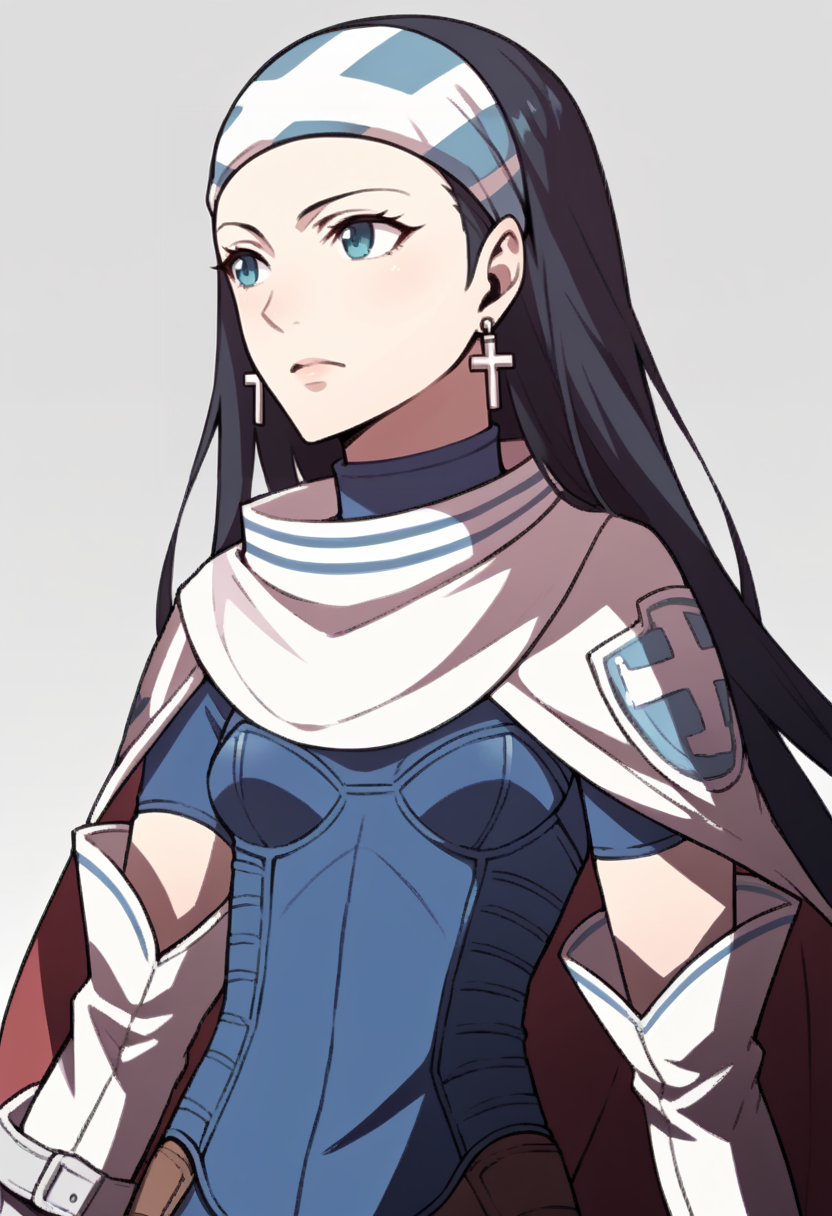 score_9, score_8_up, score_7_up, source_anime BREAK 1girl, solo,
<lora:zs_AwakeningPortraitsXL:1> awakeningportraits, portraits, white background
 <lora:zs_BethXL:1> bethsmtii, long hair, black hair, headband, blue bodysuit, skirt, cape, elbow gloves, thigh boots, cross earrings
