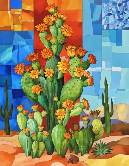 Art by Tigran Matulian. A vibrant, stained glass-like illustration featuring a cactus with bright orange flowers in a desert landscape. the cactus stands tall in the center of the image, surrounded by smaller cacti with spiky tops. The background features a gradient of blue and orange hues, with a geometric pattern in the top right corner. The cactus has a tall, slender trunk and is adorned with several smaller, round flowers with yellow centers. the flowers are arranged in a symmetrical pattern, with some overlapping each other, creating a sense of depth and dimension. the overall style is reminiscent of modern stained glass art, with bright colors and intricate details that bring out the desert theme.