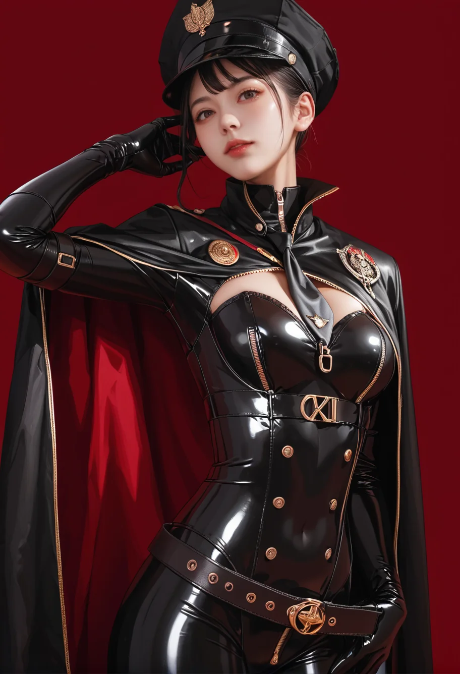 1girl,solo,red background,,ruanyi0848,belt,black bodysuit,black necktie,cape,elbow gloves,latex,military hat,zipper,
cowboy shot,<lora:0848 instructor_v1_pony:1>, score_9,score_8_up,score_7_up,,8k,1girl,solo,,