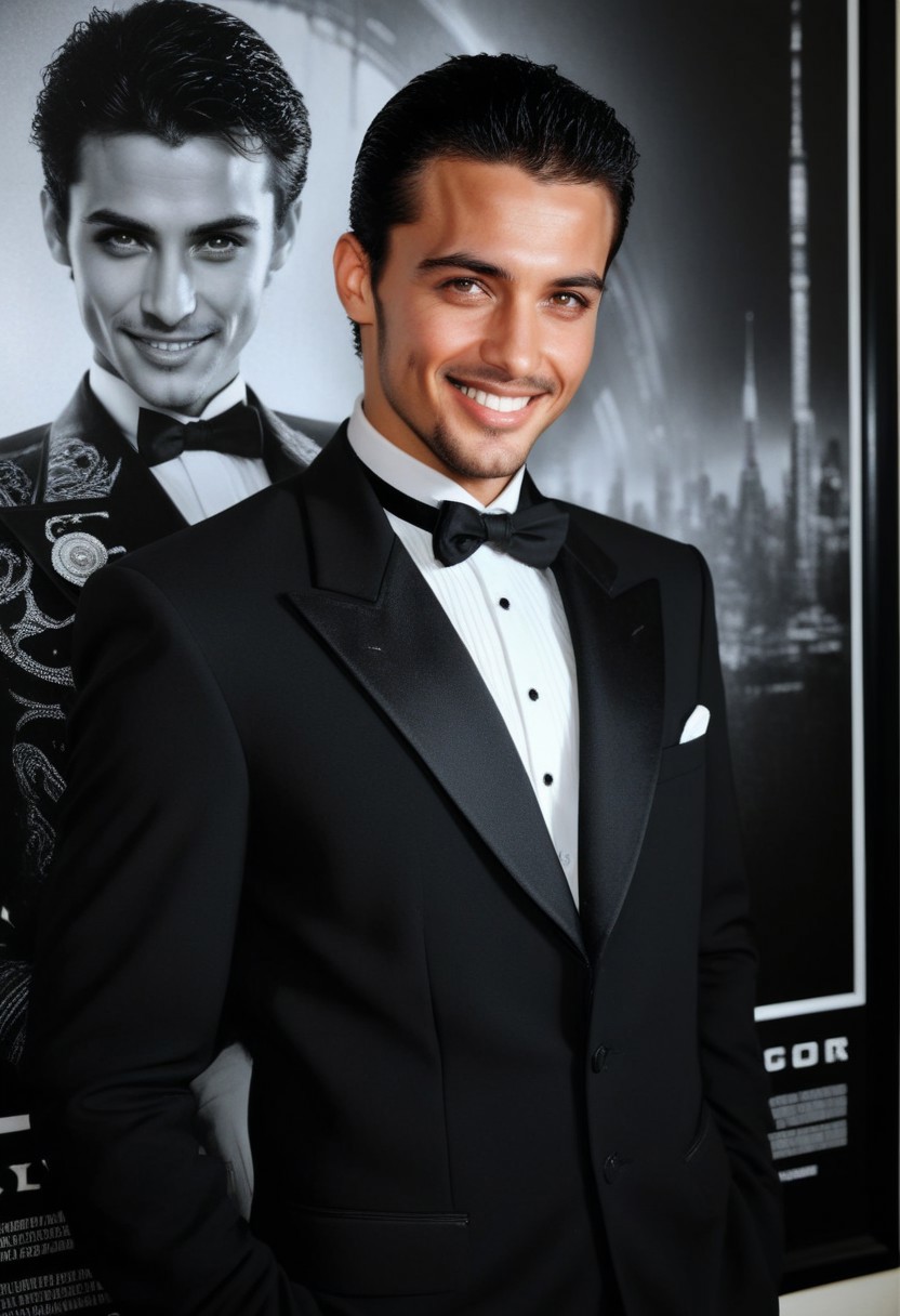 raw photo, 28yo male agent AM33R stand in front of posters, wearing (tuxedo uniform),short elegant hair