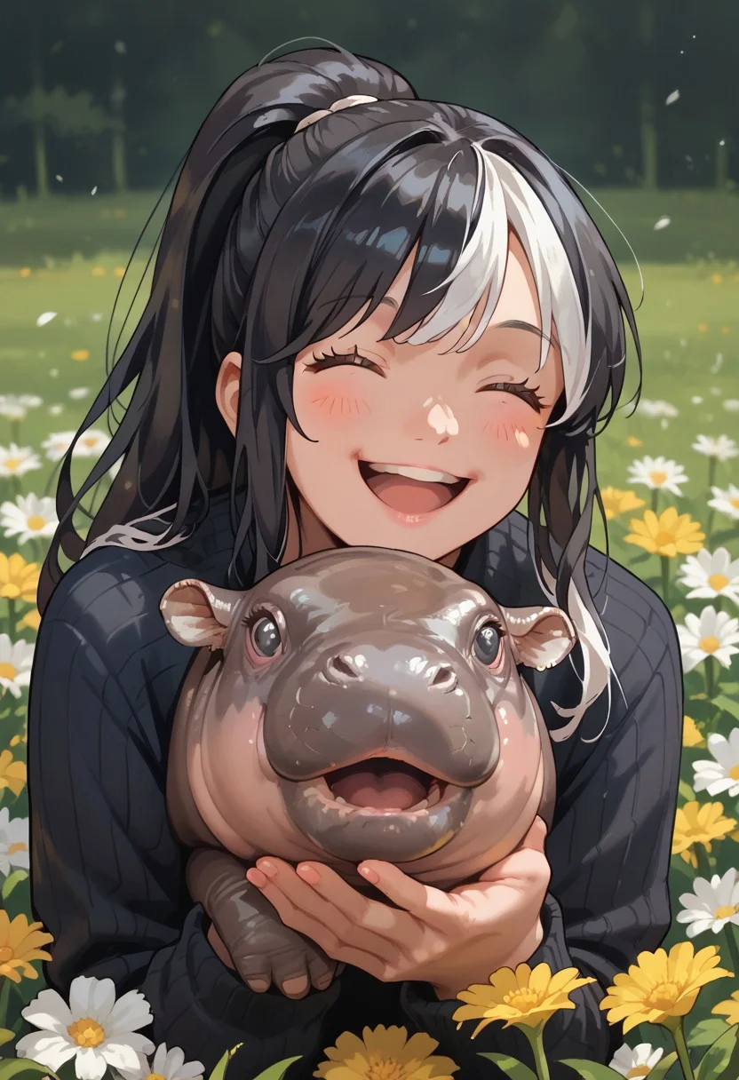 score_9, score_8_up, 1woman, black hair, white highlights, grey eyes, long hair, ponytail, smiling, eyes closed, happy, animal on shoulder, field of flowers, p3tl0v3, moo deng, open mouth, hippo, cute , no humans,