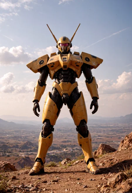 score_9, score_8_up, score_7_up, (masterpiece, best quality, ultra-detailed, realistic), a giant, powerful mecha suit, ready to face a challenging enemy in the midst of a futuristic battle