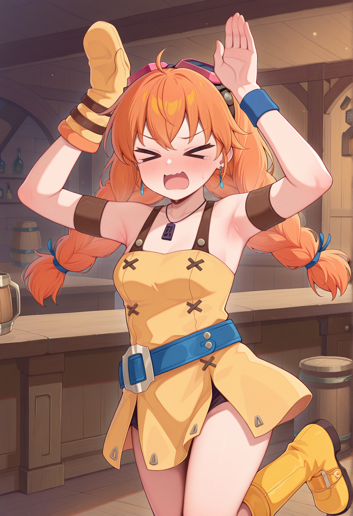, 1girl, solo, twin braids, orange hair, long hair, XD, necklace, dress straps, yellow dress, Goggles On Head, armlet, blue belt, wristband, single glove, mittens, yellow boots, rabbit pose, dancing, indoors, tavern <lora:Aika_arcadia:1>, masterpiece, best quality, amazing quality, very aesthetic, absurdres, highres, newest