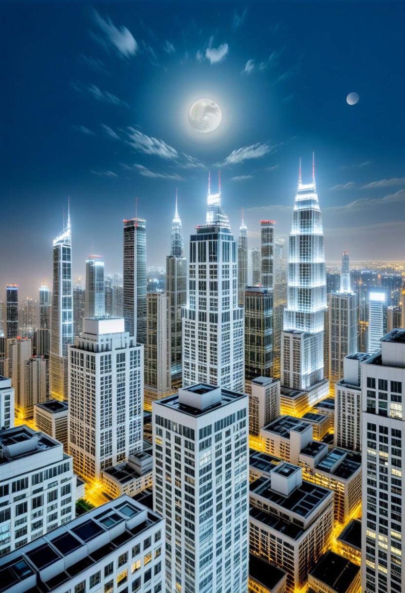 night, dark muted pale cloud lumened by bright moon, skyscrapers with white frequent square windows; shades of skyscraper windows: light blue, The roofs of skyscrapers are dark squares or illuminated with a dim blue border,