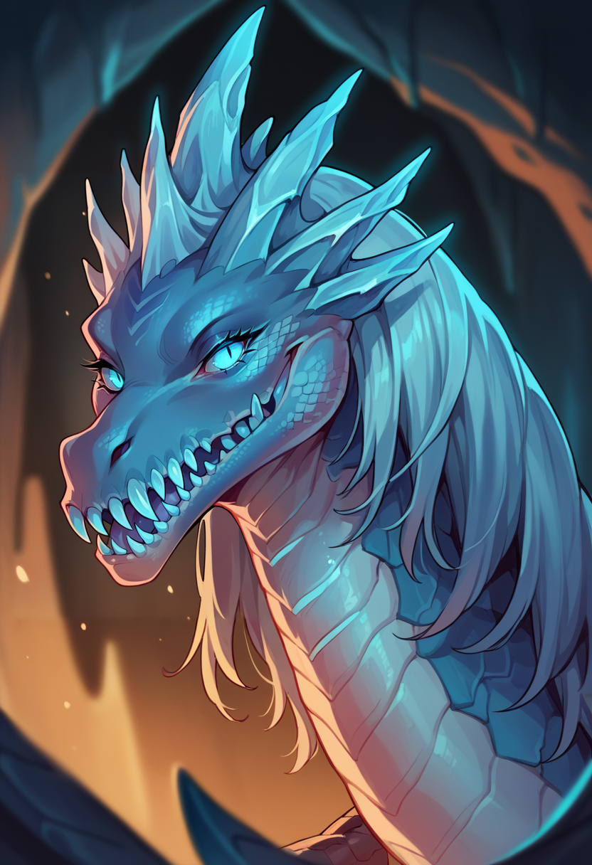 score_9, score_8_up, score_8, source_anime, 1girl, <lora:Auroth:0.9> no humans, feral, dragon, sharp teeth, teeth, scales, colored skin, glowing, blue eyes, monster, hair, looking at viewer, eyelashes, mouth open, tongue, 
cave background, blurry background,