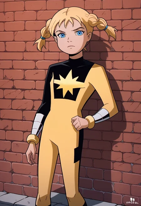 score_8, score_8_up, score_7_up, source_cartoon, 1girl, solo, female focus, Katie_PP, blue eyes, blonde hair, twintails, short twintails, twin braids,Power Pack uniform, asymmetrical clothes, star (symbol), ener_logo, print bodysuit, yellow bodysuit, black bodysuit, flat chest, bracers, metal bracers, cowboy shot, standing, looking at viewer, outdoors, brick wall,