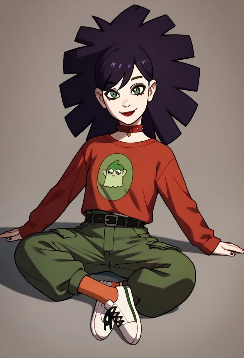 score_9, score_8_up, score_7_up BREAK JaniceCS, dark purple hair, green eyes, pale skin, black eyeliner, red lipstick, red spike choker, red long-sleeve shirt with green-circle, black belt, buckle, green cargo shorts, orange stockings, black white shoes, full body, smiling at viewer, solo, solo focus,