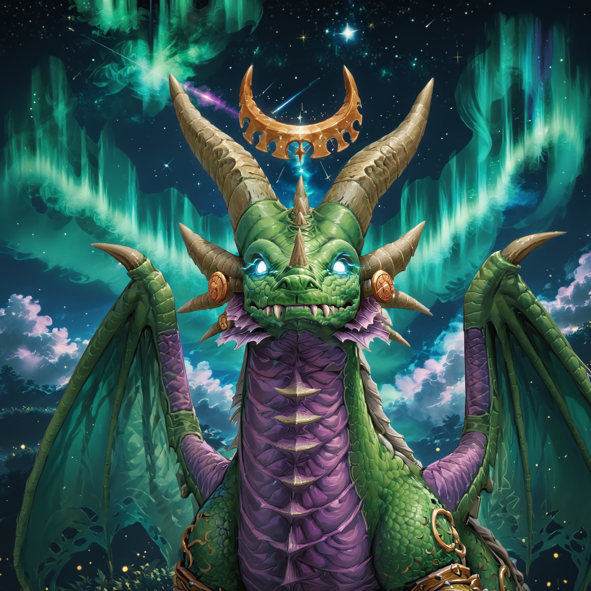 score_9, score_8_up, score_7_up, score_6_up source_furry
((masterpiece, extremely detailed)), sharp, 4K BREAK
night, bokeh, sparkles, dark, stars, shooting star, aurora, comet, full moon, sky, clouds
Ys3ra, green scales, two wings, purple underbelly, purple feet, green scales, dragon, feral, jewelry, fang, horns, fins, armor, (translucent wings:1.4), quadraped, silver eyes, glowing eyes,
<lora:Ysera_Dragon_Form:1>
(headshot:1.6)
<lora:add-detail-xl:1>
<lora:SDXLFaeTastic2400:1>