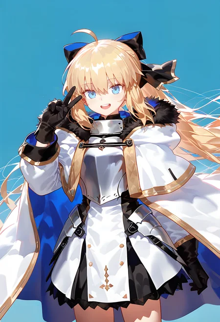 1girl, aesc \(fate\), aesc \(savior\) \(fate\), fate/grand order, fate \(series\), ahoge, armor, armored dress, black bow, black gloves, blonde hair, blue eyes, blue ribbon, bow, breastplate, cape, cloak, dress, fur-trimmed cloak, fur trim, gloves, hair bow, long hair, long sleeves, looking at viewer, multicolored cloak, open mouth, ornament, ponytail, ribbon, smile, solo, spiked armor, two-sided bow, two-tone sleeves, v, white cape, white cloak, two-sided fabric, braid, simple background, hair between eyes, standing, very long hair, arm at side, fur-trimmed dress, floating hair, short dress, blue background, black dress, cowboy shot, twin braids, white sleeve, multicolored clotheum croissant \(arknights\)<lora:nyaliaXL_NB11_lokr_V531:0.95>