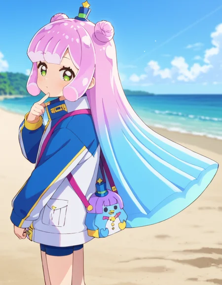 score_9, score_8_up, score_7_up, source_anime, BREAK
1girl, solo, looking at viewer, blurry background, day, from side, outdoors, beach,
puniru (puniru wa kawaii slime), slime girl, long hair, multicolored hair, gradient hair, blue hair, pink hair, double bun, green eyes, mini top hat, star (symbol),
white jacket, white jacket, long sleeves, shoulder bag, bike shorts, cowboy shot,
<lora:puniru-puniru_wa_kawaii_slime_s1-anime-soralz:1>