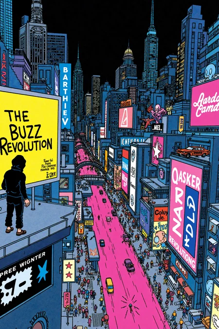 bande dessinée style image of a neon-soaked futuristic cityscape at night, crowded with skyscrapers and holographic billboards. On the left, a hooded figure stands on a rooftop, tagging on a billboard with graffiti-style letters that say 'The Buzz Revolution.' The city below hums with energy, its streets filled with people, flying vehicles, and advertisements pulsing with vivid electric blues, pinks, and purples.