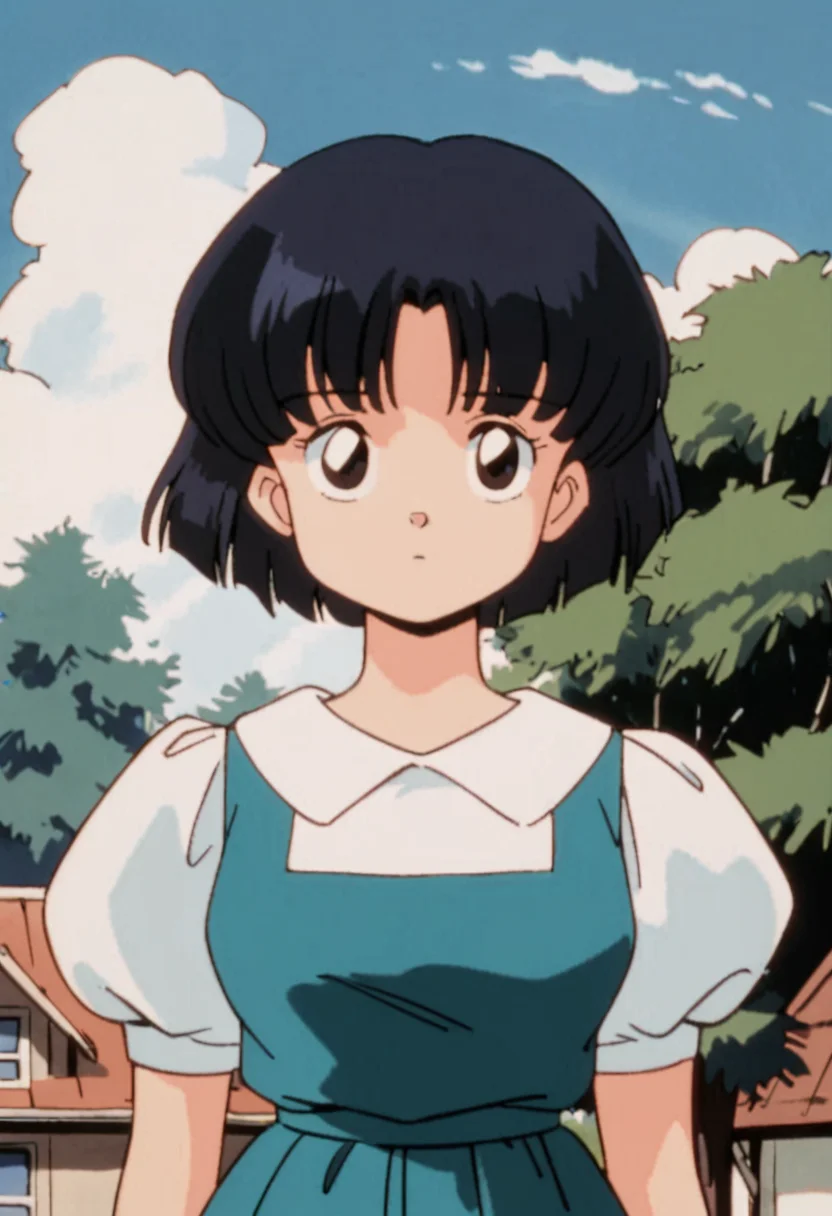 1girl, solo, retro artstyle, tendoakane,furinkanuniform,white shirt, puffy sleeves, short sleeves, dress, puffy short sleeves, blue dress, bangs, upper body, looking at viewer, outdoors, tree, day, sky, cloud, short hair, house, expressionless,<lora:akane tendo_xl_v2:0.7>,