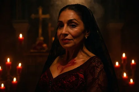 cinematic still, Georgina Montana, aging voluptuous Latina woman with expressive lined face and tightly bound dark bun, wearing a black lace veil over bare shoulders and a deep-red embroidered mantilla dress, seductively gazing past the viewer with a sly maternal smirk, no objects held, upper body pose with chin slightly lifted, medium close-up, eye-level angle, setting is a cathedral altar submerged in smoke and blood-red candlelight, mood of seductive judgment and holy defiance, sharp spotlight from above with ambient glow from votive flames, palette of velvet crimson, obsidian black, and sacred gold, inspired by the Infernal Matron archetype and Scarface sequel Catholic hellscapes