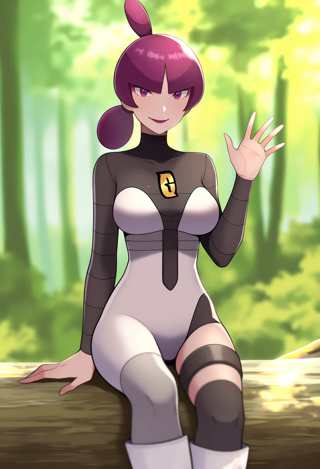 masterpiece, best quality, very aesthetic, absurdres,
1girl, jupiter \(pokemon\), purple hair, blunt bangs, hair tie, makeup, purple eyes, lipstick,
white boots, bodysuit,
waving, smile, solo, looking at viewer, trees, forest background, <lora:JupiterNoobXL_byKonan:1>
