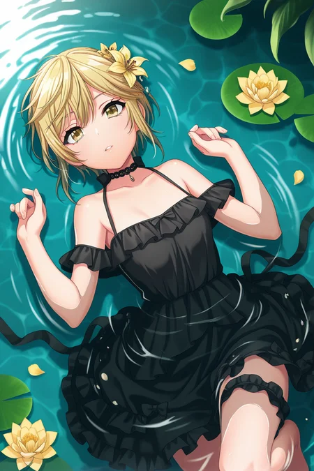 masterpiece, best quality, amazing quality,
<lora:Nagisa_IL:1> nagisa, 1girl, solo, flower, dress, blonde hair, water, lying, black dress, on back, looking at viewer, short hair, partially submerged, hair ornament, barefoot, collarbone, hair flower, lily pad, afloat, yellow eyes, choker, petals, bare shoulders, parted lips, frills, yellow flower