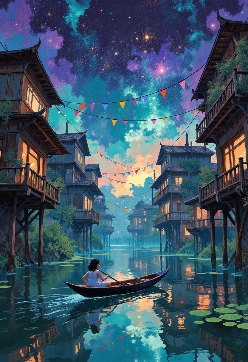 A surreal, ethereal landscape featuring a young girl drifting in a gondola through a flooded water city. Tiered wooden houses on stilts rise from the water, their reflections shimmering in the still depths. Cables adorned with brightly colored flags and lights crisscross between the structures, adding a festive yet eerie touch. The cosmic sky swirls with magical nebulae and otherworldly constellations, casting an ethereal glow on the scene. The atmosphere is both haunting and beautiful, evoking a sense of wonder and mystery.
i11ustmin Illustration
