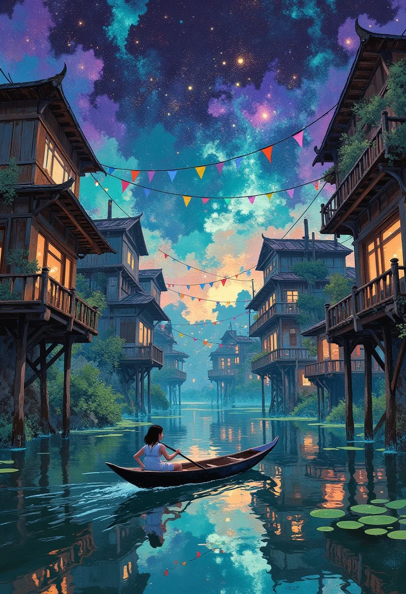 A surreal, ethereal landscape featuring a young girl drifting in a gondola through a flooded water city. Tiered wooden houses on stilts rise from the water, their reflections shimmering in the still depths. Cables adorned with brightly colored flags and lights crisscross between the structures, adding a festive yet eerie touch. The cosmic sky swirls with magical nebulae and otherworldly constellations, casting an ethereal glow on the scene. The atmosphere is both haunting and beautiful, evoking a sense of wonder and mystery.
i11ustmin Illustration