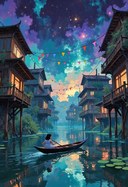 A surreal, ethereal landscape featuring a young girl drifting in a gondola through a flooded water city. Tiered wooden houses on stilts rise from the water, their reflections shimmering in the still depths. Cables adorned with brightly colored flags and lights crisscross between the structures, adding a festive yet eerie touch. The cosmic sky swirls with magical nebulae and otherworldly constellations, casting an ethereal glow on the scene. The atmosphere is both haunting and beautiful, evoking a sense of wonder and mystery.
i11ustmin Illustration