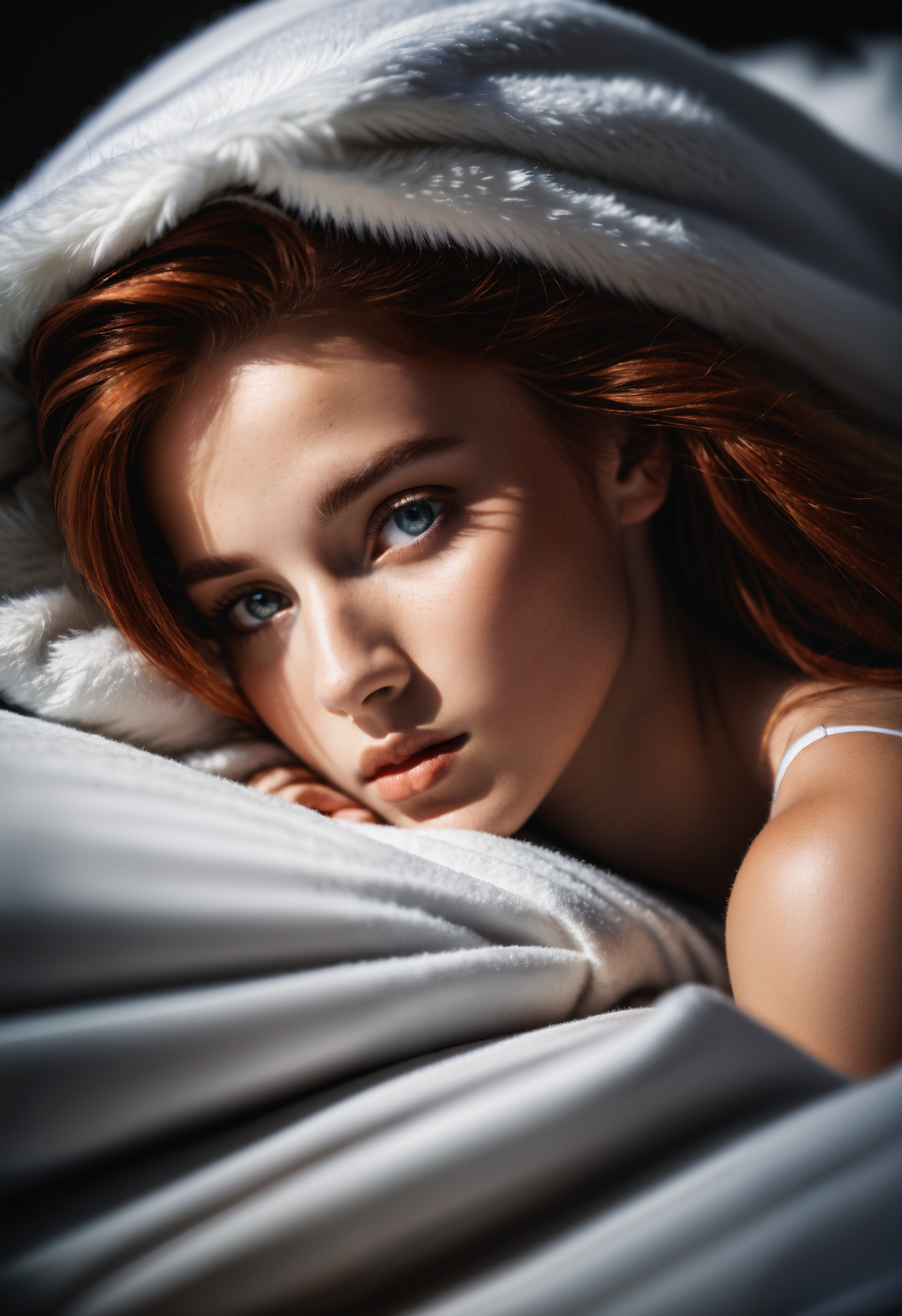 couture fashion photography, an award winning photo of a beautiful redhead girl with freckles in hoodie, bun, lying in bed, dark lighting, (deep shadows:1.1), masterpiece, best quality, (intricate details), dreamy, magnificent, ethereal, volumetric lighting, lightroom, ((cinematic)), raytracing, subsurface scattering, face focus,