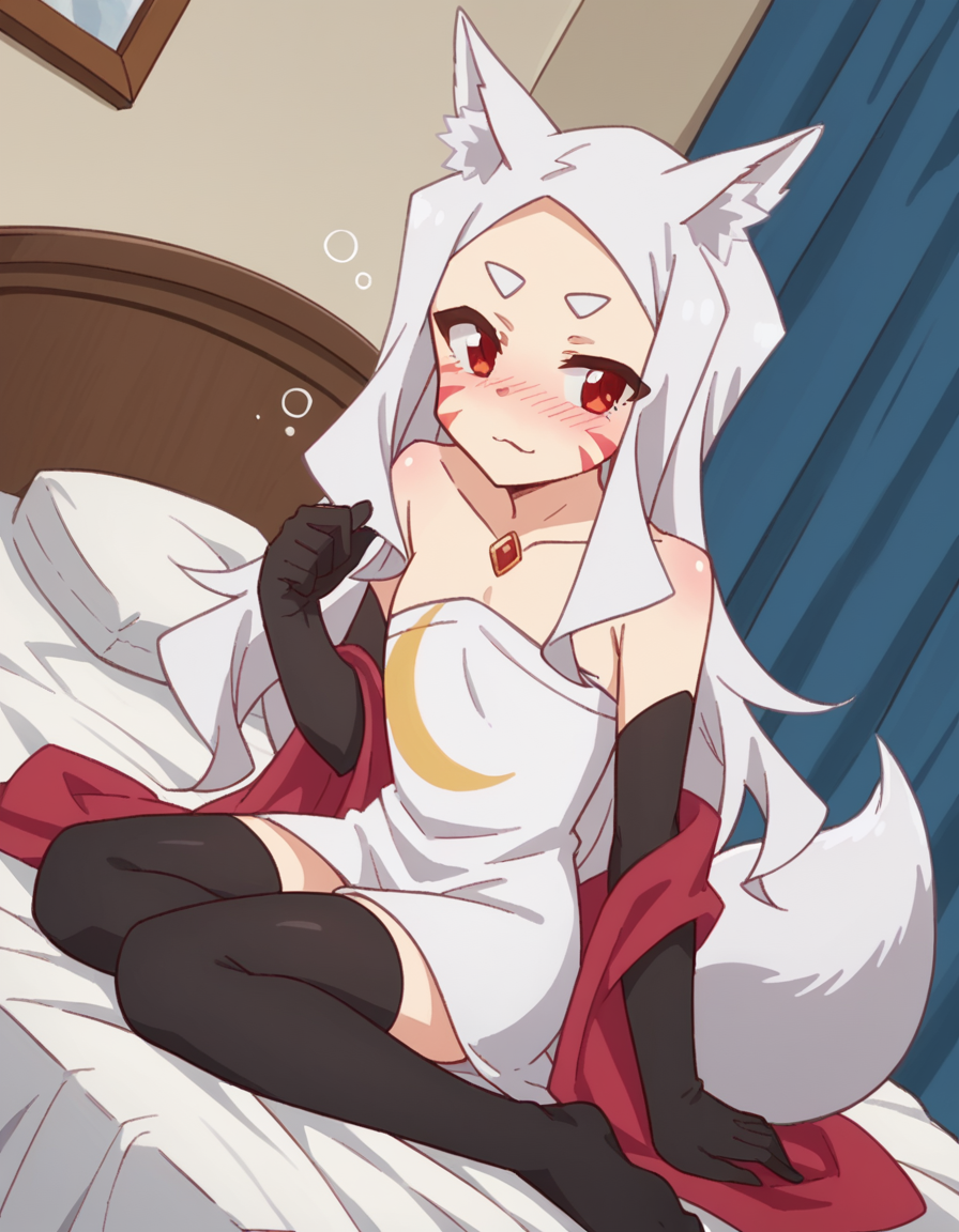 score_9, score_8_up, score_7_up, source_anime,
kitsuneshiro, <lora:kitsune-shiro-s1-ponyxl-lora-nochekaiser:1>,
shiro, long hair, red eyes, animal ears, tail, animal ear fluff, fox ears, fox tail, facial mark, thick eyebrows, fox girl,
thighhighs, gloves, dress, bare shoulders, jewelry, collarbone, black gloves, elbow gloves, black thighhighs, white dress, strapless, strapless dress, shawl,
indoors, bed, bed room, on side, blush, drunk,
cowboy shot, looking at viewer, solo, dutch angle,