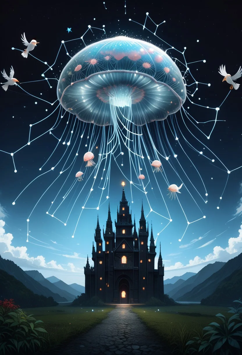 masterpiece, best quality, good quality, very awa, newest, highres, absurdres, ,score_9, score_8_up, score_7_up,
Giant translucent jellyfish drifting through the clouds, soft bioluminescent glow illuminating the mist, with tiny birds perched on its tendrils
<lora:illustriousXL_stabilizer_v1.23:0.3> <lora:NOOB_vp1_detailer_by_volnovik_v1:0.3> <lora:ponyv6_noobE11_2_adamW-000017:0.3> <lora:114558v4df2fsdf5:0.7> <lora:mon_monmon2133:0.6>