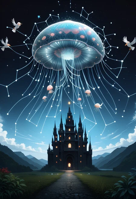 masterpiece, best quality, good quality, very awa, newest, highres, absurdres, ,score_9, score_8_up, score_7_up, 
Giant translucent jellyfish drifting through the clouds, soft bioluminescent glow illuminating the mist, with tiny birds perched on its tendrils
<lora:illustriousXL_stabilizer_v1.23:0.3> <lora:NOOB_vp1_detailer_by_volnovik_v1:0.3> <lora:ponyv6_noobE11_2_adamW-000017:0.3> <lora:114558v4df2fsdf5:0.7> <lora:mon_monmon2133:0.6>