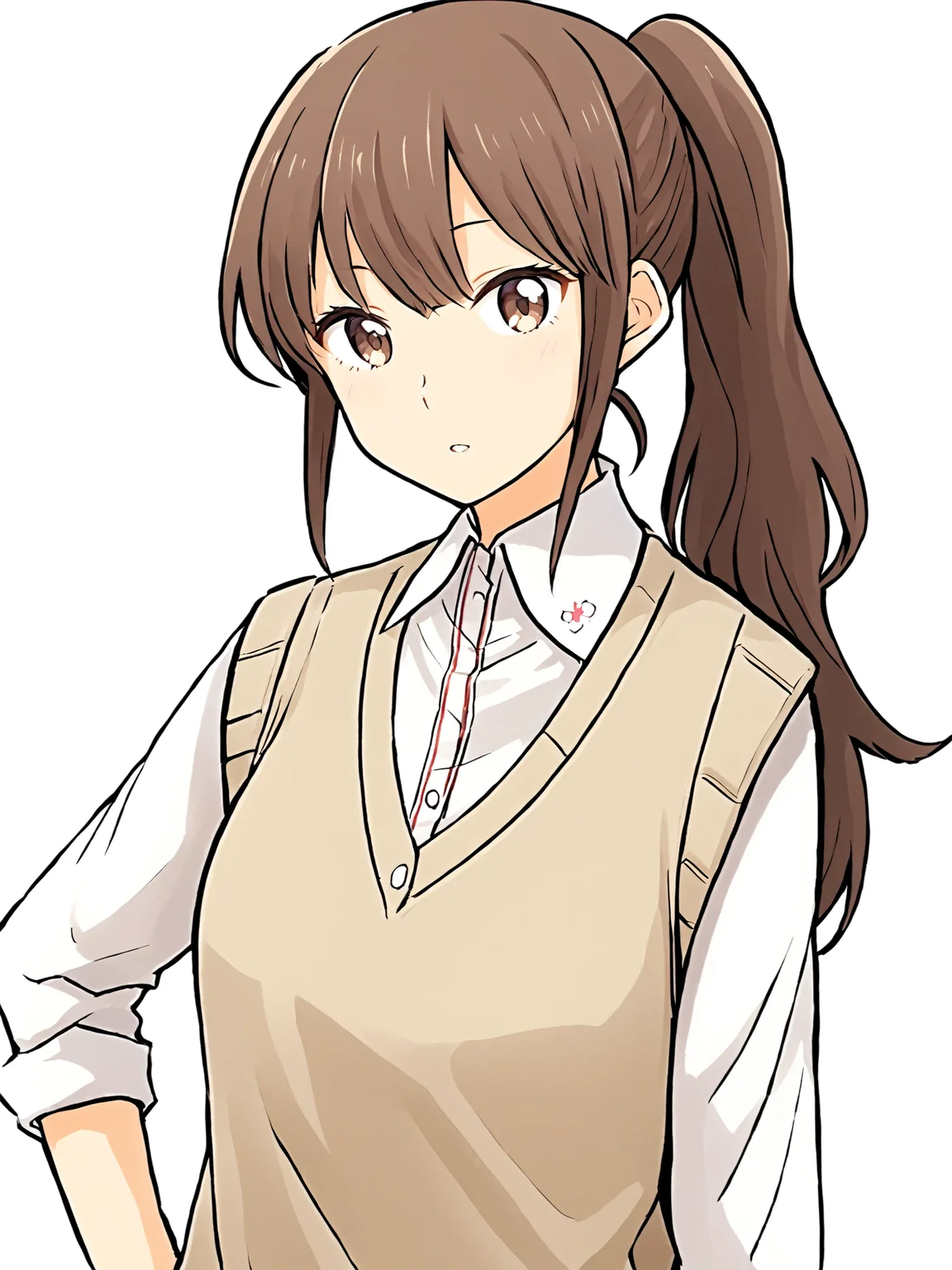 masterpiece,best quaity,
<lora:yunatoomi.sdxl.v3:1> yuna toomi
1girl,solo,
school uniform, white shirt, collared shirt,
upper body,
sweater vest, beige sweater,
standing,
simple background,