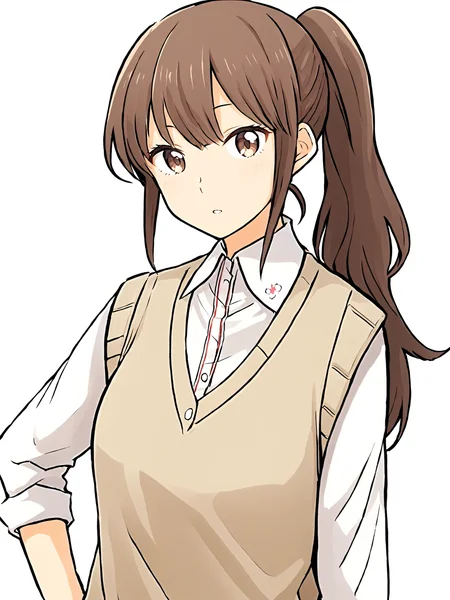 masterpiece,best quaity,
<lora:yunatoomi.sdxl.v3:1> yuna toomi
1girl,solo,
school uniform, white shirt, collared shirt,
upper body,
sweater vest, beige sweater,
standing,
simple background,