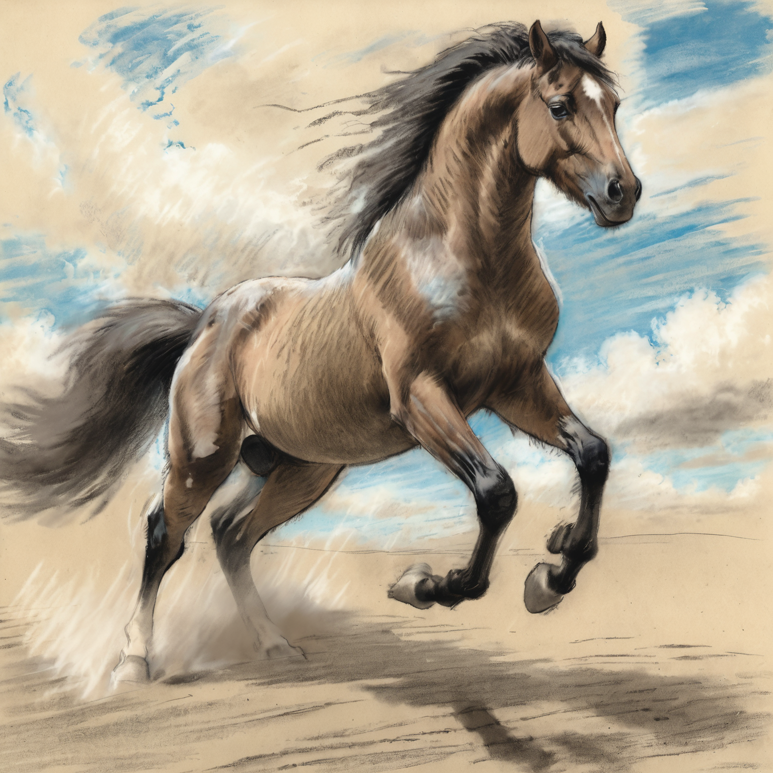 A color chalk sketch of a majestic horse rearing up in a vast, open landscape. The horse's mane flows freely, and its hooves kick up dust. The sky overhead is vast and dramatic, filled with fluffy white clouds. The sketch is rendered in a mix of pastel shades and deep blacks and browns, capturing intricate details of the horse's muscles and the texture of the sand beneath its hooves. The overall mood of the image is one of freedom, power, and raw nature.  <lora:Chalk_Sketch_SDXL_v1:1>