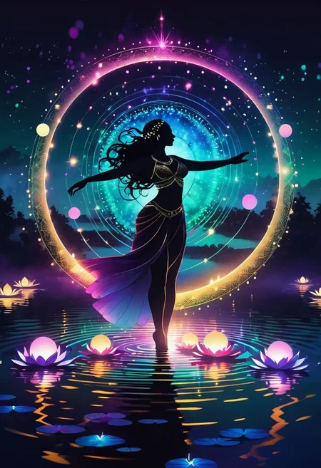 In the middle of a lake, a mysterious female dark silhouette in the middle of the night, surrounded by luminous orbs, a summoner dances to appease the spirits of the departed. ritual canvas clothes. Sensual. Multiple magic circles. dynamic dance. waterlilies. Colorful color palette.