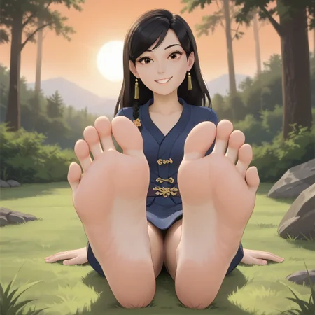 score_9, score_8_up, BREAK, (masterpiece:1.4), (best quality:1.2), solo, perfect anatomy, accurate anatomy, perfect feet, perfect soles, PONYXL_WaifuFeetPics_ownwaifu, solo, Black Hair, brown eyes, asian female, adult female, mature female, breasts, sexy pose, self portrait, smile, outdoors, sunlight, shadows, evening lighting, natural lighting, forest, trees, grass, orange sky, sunset, (((sitting, barefoot, foot focus, feet, soles)))