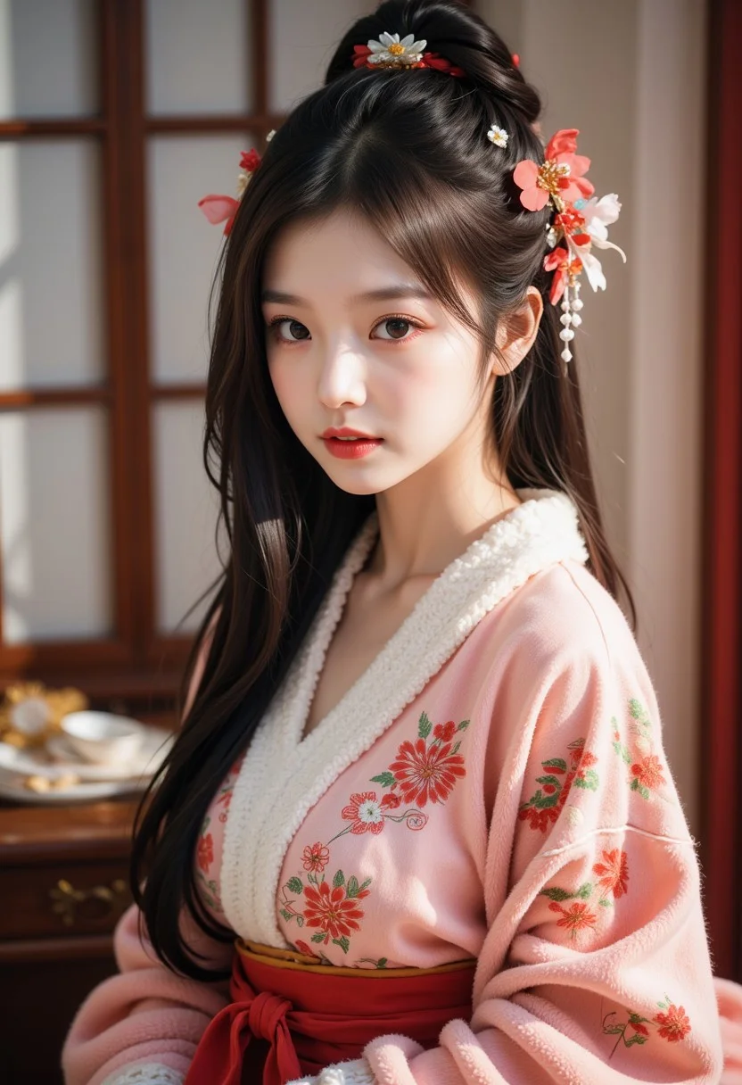 Chinese girl, 1girl, hair ornaments, 1qqq, indoor, full body view, beautiful winter clothes, decorated room,