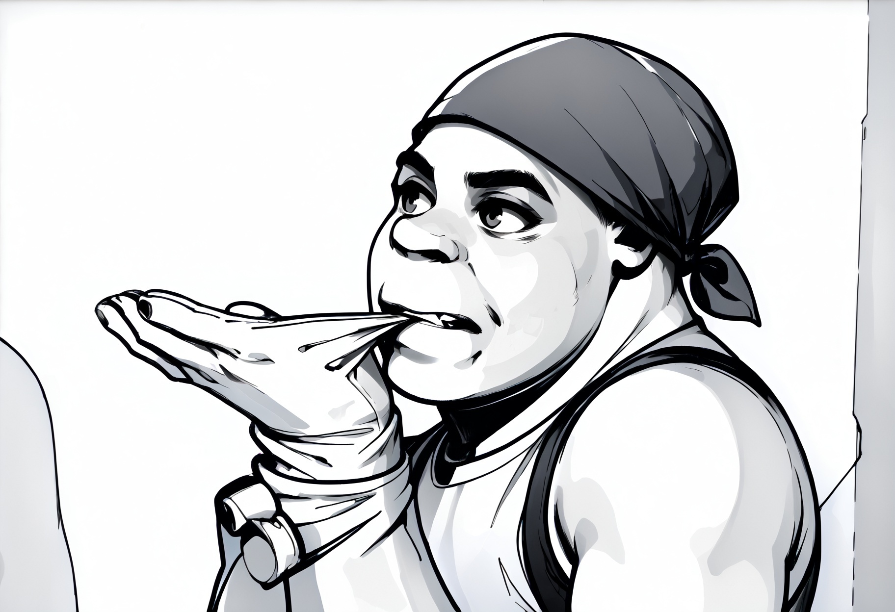 monochrome,
red bandana, from side, gloves, glove biting, mouth hold,
shrek, green skin
,score_9,score_8_up,score_7_up, 
 <lora:Potat_dark_ink_v1_monochrome-RS24:1>   <lora:RicardosBandana_XLPD:1>  <lora:Shrek_XLPD:0.8>  <lora:AdjustingGlovesWithLips_XLPD:1>
