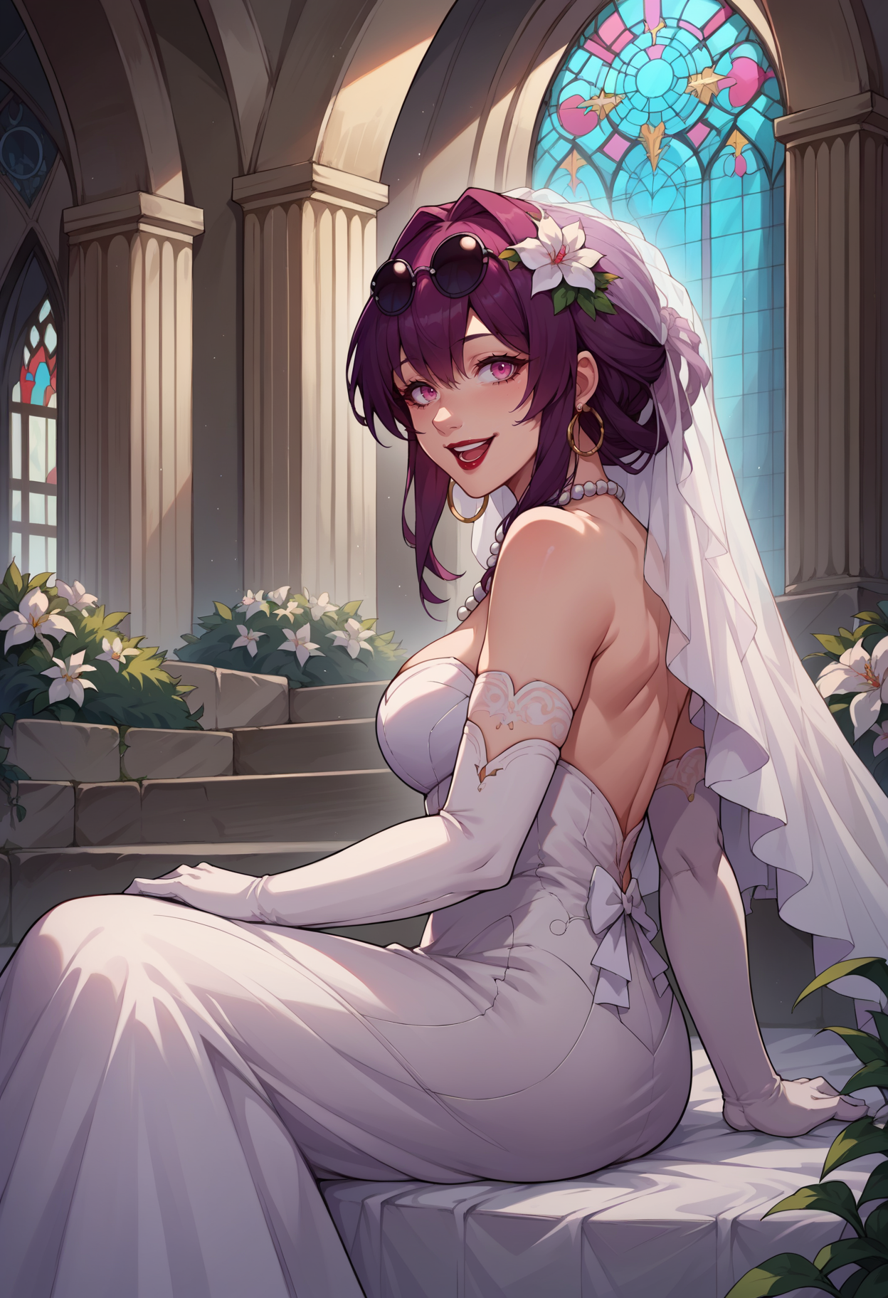 score_9, score_8_up,score_7_up, source_anime, rating_safe, 1girl, solo, <lora:EPhsrKafka:0.8> ,EPhsrKafka, purple hair, long hair, low ponytail, pink eyes, hair between eyes, eyewear on head, sunglasses, 
 hoop earrings, red lips,  bride, wedding dress, bridal veil, white dress, hair ornament, white flower, pearl necklace, indoors, church, pillar, bush, sitting, from side, arm support, elbow gloves, white gloves, long dress, jewelry, arch, smile, open mouth