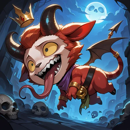 (luminous lighting:0.5), (vibrant:0.5), fluffy body, , detailed background, dungeon, flying, dynamic angle, dynamic pose, dynamic flying, multiple others, solo, on side, horror \(theme\), night, darkness,
, <lora:teemo-v3-000014:1> wrtmonio, satyr, 1boy, (chibi:0.5), (plump:0.5), two-tone skin, red striped tail, black wings,
, floating_crown, purple bandana, gold_bracer, green_pelvic_curtain, skull_buckle, black_belt, tail ring_ornament, dot eyes,
, yellow sclera, constricted pupils, lazy eyes, bad looking, long tongue, sharp teeth, (wavy mouth:1.2), open mouth, squint, crazy eyes, black eyes,