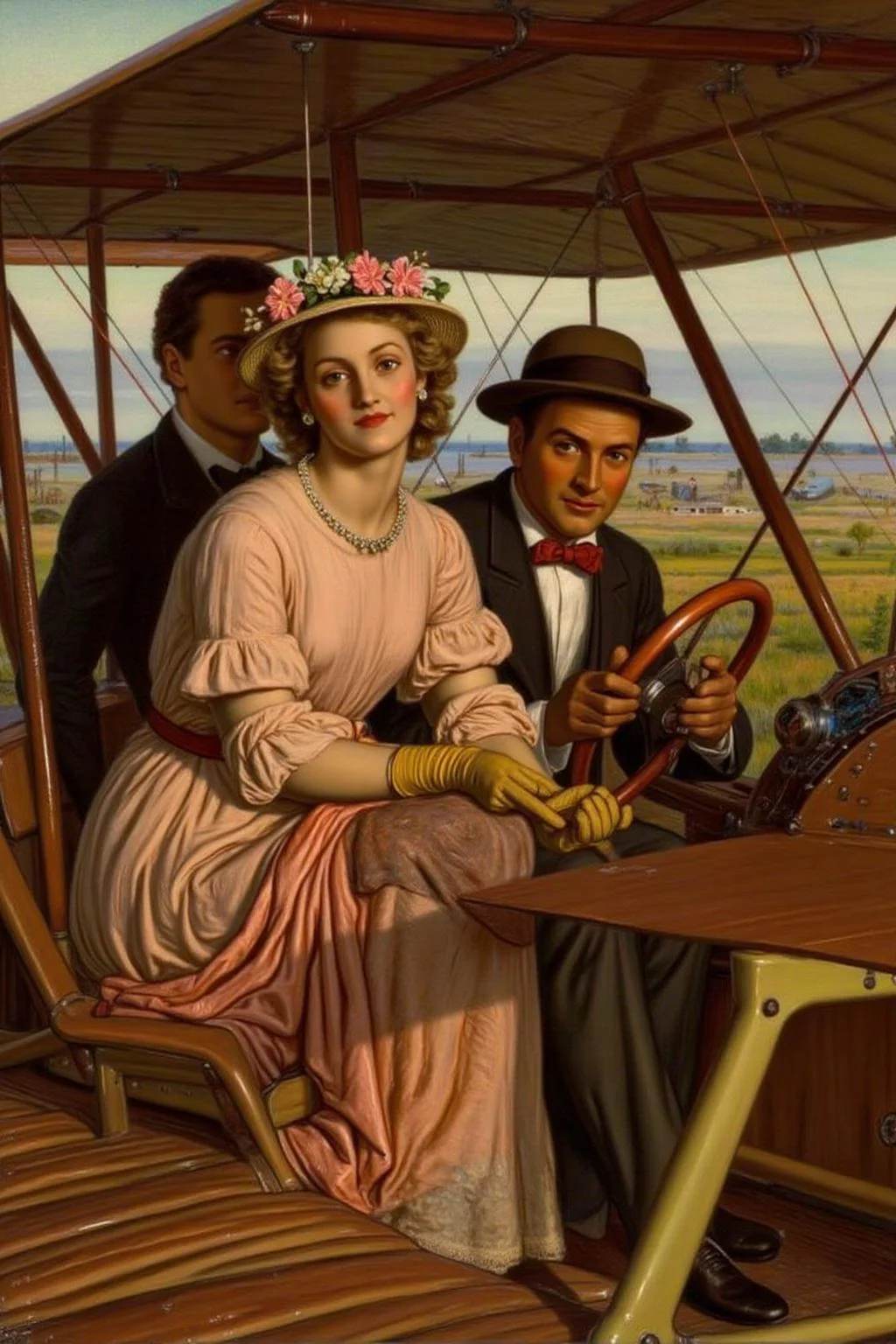 williamhhunt1 painting.
A romantic scene of a couple on a vintage biplane. The woman, in the foreground, is a stylish woman with curly blonde hair adorned with a flower garland and wearing a light, flowing, peach-colored dress with a wide belt, a matching hat, and gloves. The man is piloting the biplane with his hands firmly on the steering wheel. <lora:williamhhunt1_cap_d6a3e9:1.0><lora:838087233723660865:0>
