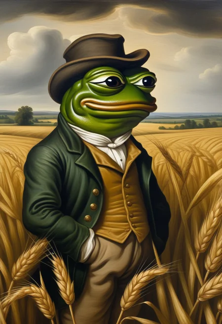 detailxl, high quality, intricate, painting of,
(frog, sad pepe_frog)
(as a british farmer, standing),
(wheat field background),
(by Theodore Gericault:1.5)