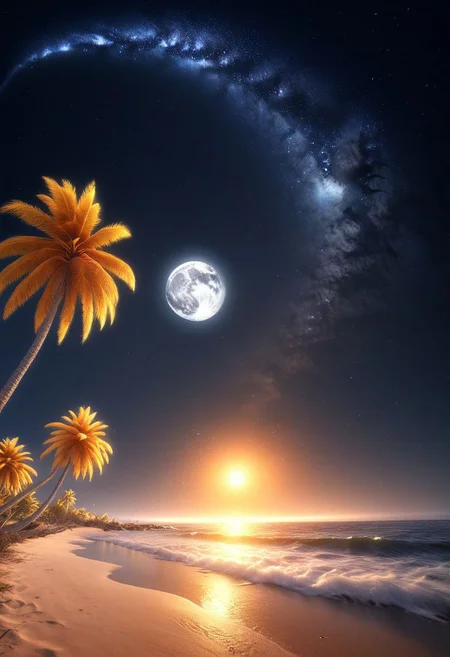 ocean, crashing waves SILVER LIQUID METAL , stars, moon, palm trees, beach, night, Inspiration, orange, yellow, 8k, best render, masterpiece, great, best scenery, beautiful, photorealistic, Milky Way, Night sky