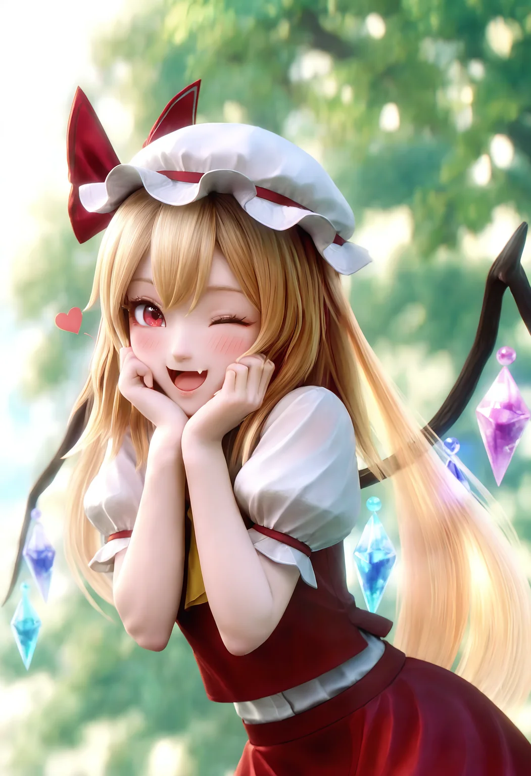 (wangzhe rongyao, sunlight:1), flandre scarlet, 1girl, ;d, alternate hairstyle, blonde hair, blush, crystal wings, fang, hands on own cheeks, hands on own face, hat, heart, long hair, looking at viewer, mob cap, one eye closed, puffy short sleeves, puffy sleeves, red eyes, red skirt, shirt, short sleeves, skin fang, skirt, skirt set, smile, solo, straight hair, upper body, very long hair, white hat, white shirt, wangzhe rongyao, <lora:wangzhe_rongyao_v1:0.92>