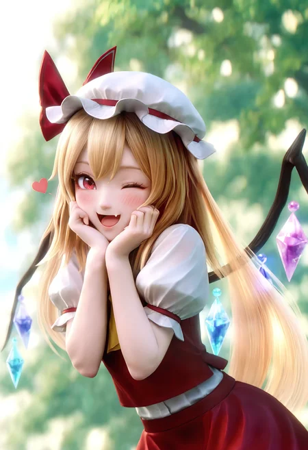 (wangzhe rongyao, sunlight:1), flandre scarlet, 1girl, ;d, alternate hairstyle, blonde hair, blush, crystal wings, fang, hands on own cheeks, hands on own face, hat, heart, long hair, looking at viewer, mob cap, one eye closed, puffy short sleeves, puffy sleeves, red eyes, red skirt, shirt, short sleeves, skin fang, skirt, skirt set, smile, solo, straight hair, upper body, very long hair, white hat, white shirt, wangzhe rongyao, <lora:wangzhe_rongyao_v1:0.92>