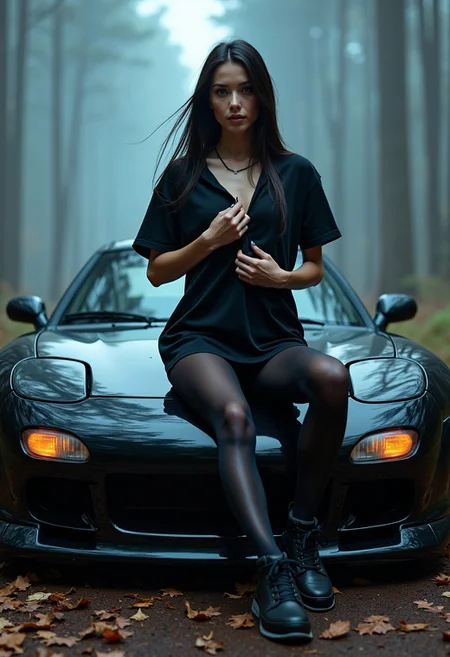 beautiful woman, pale skin, posing, fashion, black oversized t-shirt, black stockings, black sneakers, lifting her shirt to reveal her breasts, sitting on a custom RX-7 hood, RX-7 FD Type-R cyberpunk sports car, Hycade bodykit widebody, car, futuristic car, ground vehicle, motor vehicle, KITT cyberpunk, car, wide tyres, vehicle focus, side view, headlights, frontal view, wheels outside the body, mysterious light coming from the engine, drone car, cyberpunk sports car,, autonomous vehicle,(car led lights), (opaque windows:), steam coming out of the exhausts,dark long hair, model, green eyes, barefoot, feet, toe nails, blue light, fog, forest , back woods. amateurish quality, overexposed light