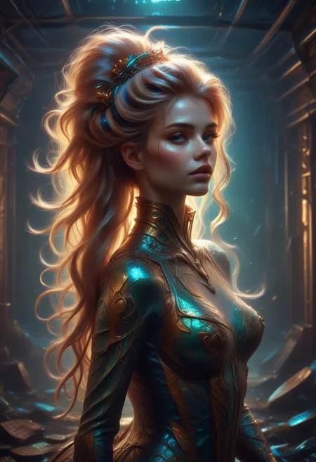 mermaid, shiny hair tied up, realistic movements, serious smile, colorful bracelets, air bubbles, shark shadows, reij-re, neon color and ambient neon light, neon color, ambient light, cherry wood details, marmor details, rusty details, reij-re, neon color and ambient neon light, neon color, ambient light, cherry wood details, marmor details, rusty details,