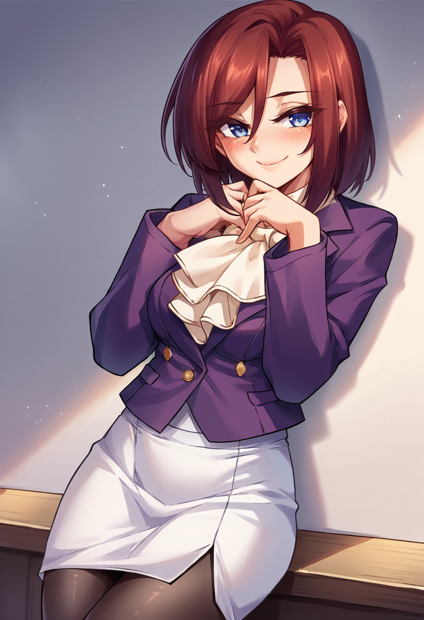 takak0,blue eyes,short red hair,purple jacket,ascot,pencil skirt,white skirt,pantyhose,looking at viewer,blush,smile,score_9,score_8_up,score_7_up,score_6_up,score_5_up,score_4_up,
<lora:kazukotoPony2:1><lora:takakov2:0.8>