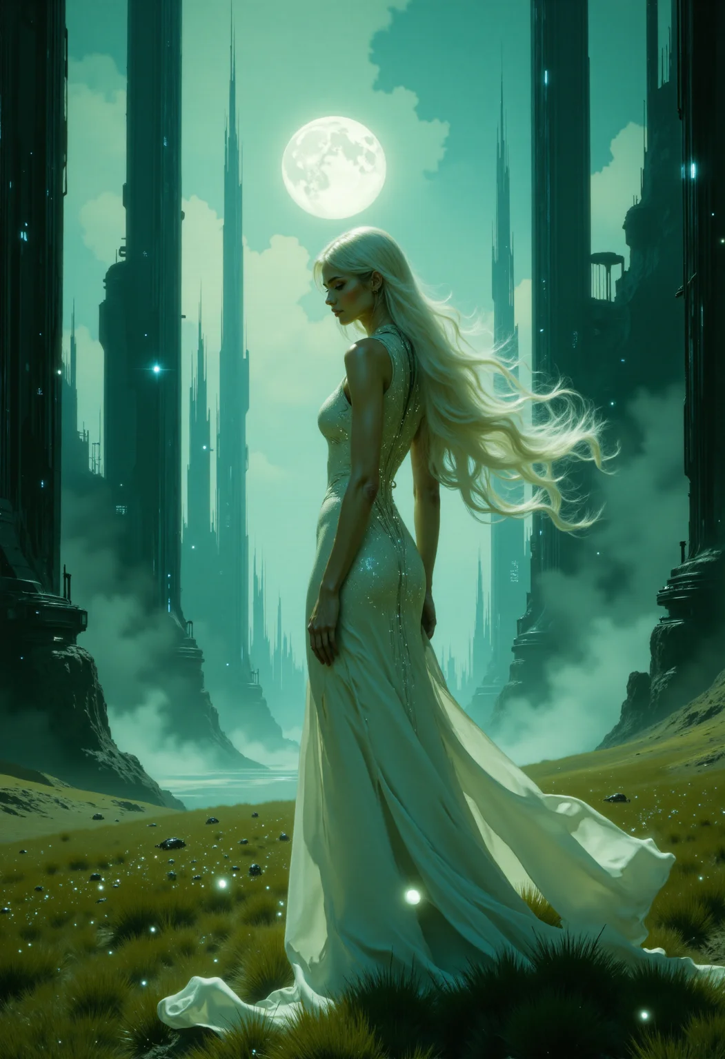 highest details, ultra hyper realism. highly detailed and realistic. intricate and highly professional artwork, an absolute masterpiece.
A high-quality photograph featuring a stunning, ethereal white haired woman in a flowing, sparkly white gown standing in a misty, moonlit field, surrounded by a large number of ascending sparkling fireflies, with tall, dark, vertical structures in the background. Her long, wavy hair cascades down her back and is flowing in the wind. The image has a dreamy, almost otherworldly aesthetic, with soft lighting creating a magical ambiance. The camera angle is slightly low, enhancing the woman's majestic presence.
<lora:artilands_v02_epoch_6:1>