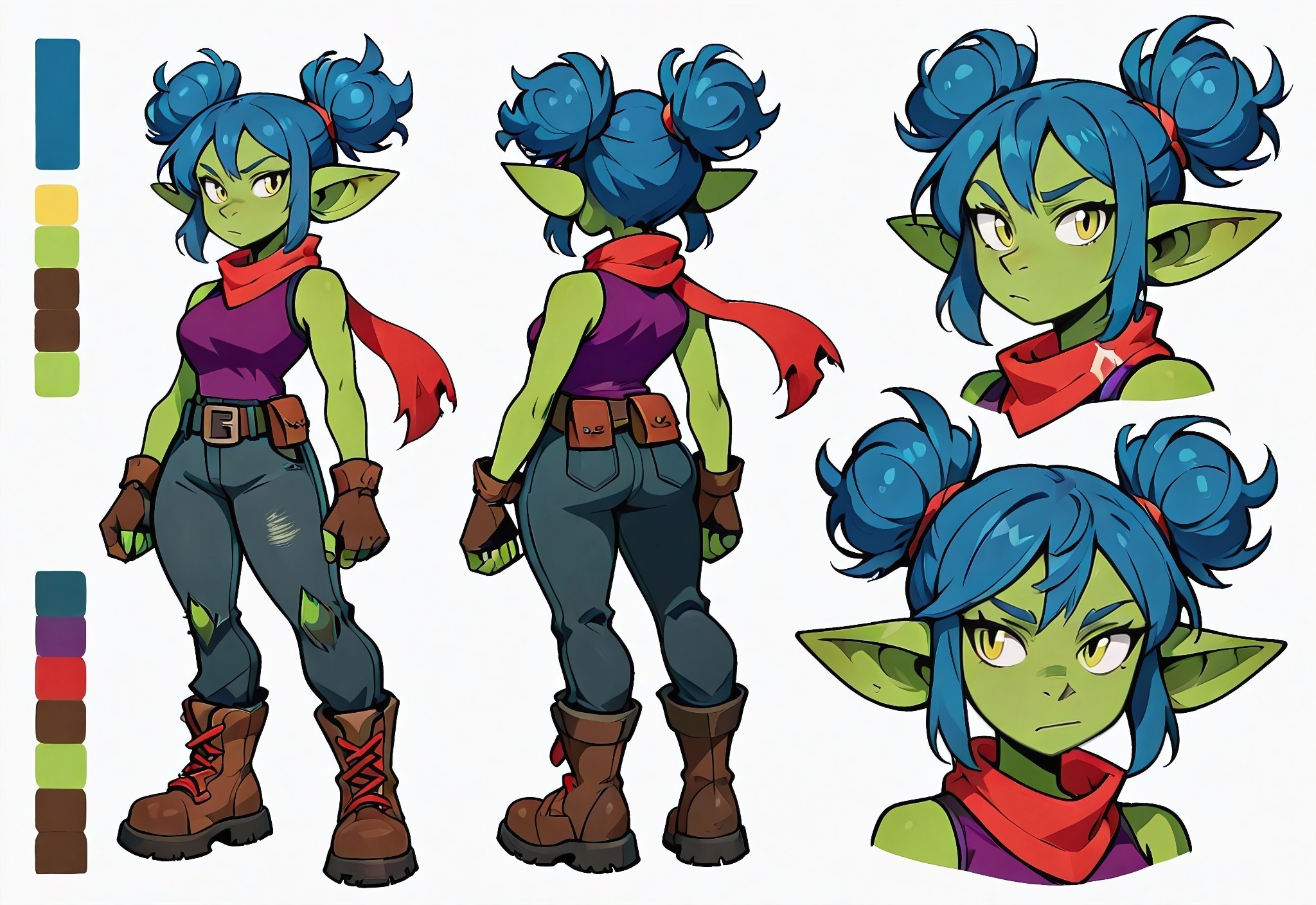 Sniktcore-sdxl,

female goblin, original character,

vivid lime green skin, electric cobalt blue hair styled in messy space buns, hot magenta streak in right-side bangs, yellow eyes, sharp almond-shaped eyes, high contrast pupils, triangular green fingernails,

long flowing red scarf, sleeveless deep purple tank top, dark cocoa brown fingerless gloves, ripped midnight blue utility pants, dark cocoa brown combat boots with red laces,

reference sheet, simple white background, (color guide:1.2), (multiple views), (full body), dynamic pose,,

comic style, cel shading, clean lineart, stylized, masterpiece, consistent eye design, symmetrical eye rendering, comic-style eye shading,
