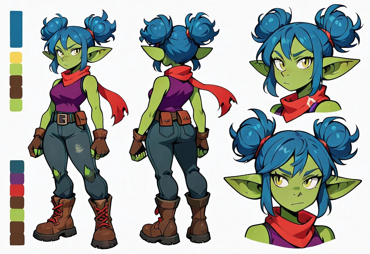 Sniktcore-sdxl,
female goblin, original character,
vivid lime green skin, electric cobalt blue hair styled in messy space buns, hot magenta streak in right-side bangs, yellow eyes, sharp almond-shaped eyes, high contrast pupils, triangular green fingernails,
long flowing red scarf, sleeveless deep purple tank top, dark cocoa brown fingerless gloves, ripped midnight blue utility pants, dark cocoa brown combat boots with red laces,
reference sheet, simple white background, (color guide:1.2), (multiple views), (full body), dynamic pose,,
comic style, cel shading, clean lineart, stylized, masterpiece, consistent eye design, symmetrical eye rendering, comic-style eye shading,