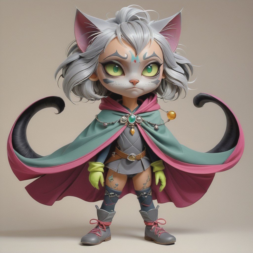 sketch, doodle, drawing, illustration, beginner level, masterpiece, intricately detailed, best quality, absurd resolution,cat, looking back, feet out of frame, grey  hair, fingerless gloves, crossed arms, 1girl, thigh gap, green sclera, nose, multicolored skin, artalien, jewelry, cape,
 <lora:artfulltEIGHLEIGHEN2_SDXL_V1-000005:1.0>