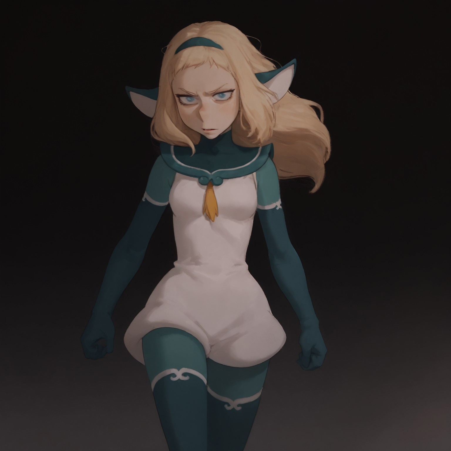 bakara, 1girl, blonde hair, long hair, big long pointed nose, solo, animal ears, aqua eyes, bodysuit, hairband, gloves, boots